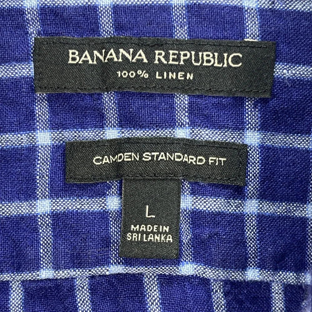 Banana Republic Button Down Shirt Mens L Blue Camden Standard Fit Linen Plaid